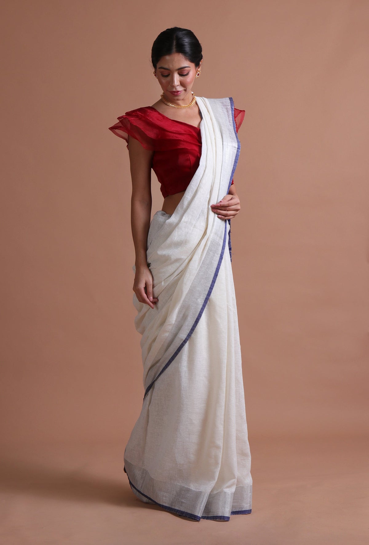 Handcrafted Off-White & Blue Cotton Linen Saree With Unstitched Blouse