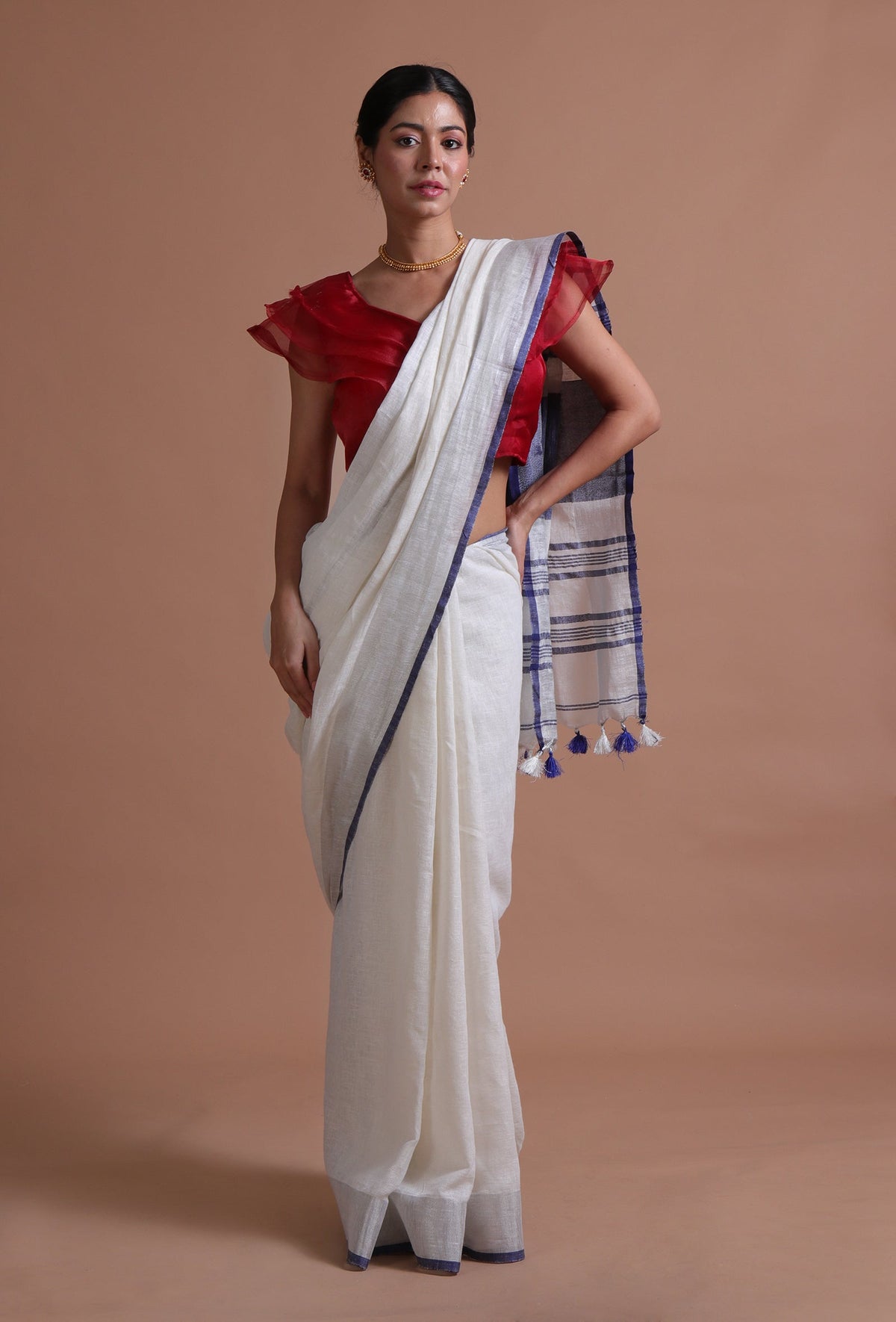 Handcrafted Off-White & Blue Cotton Linen Saree With Unstitched Blouse