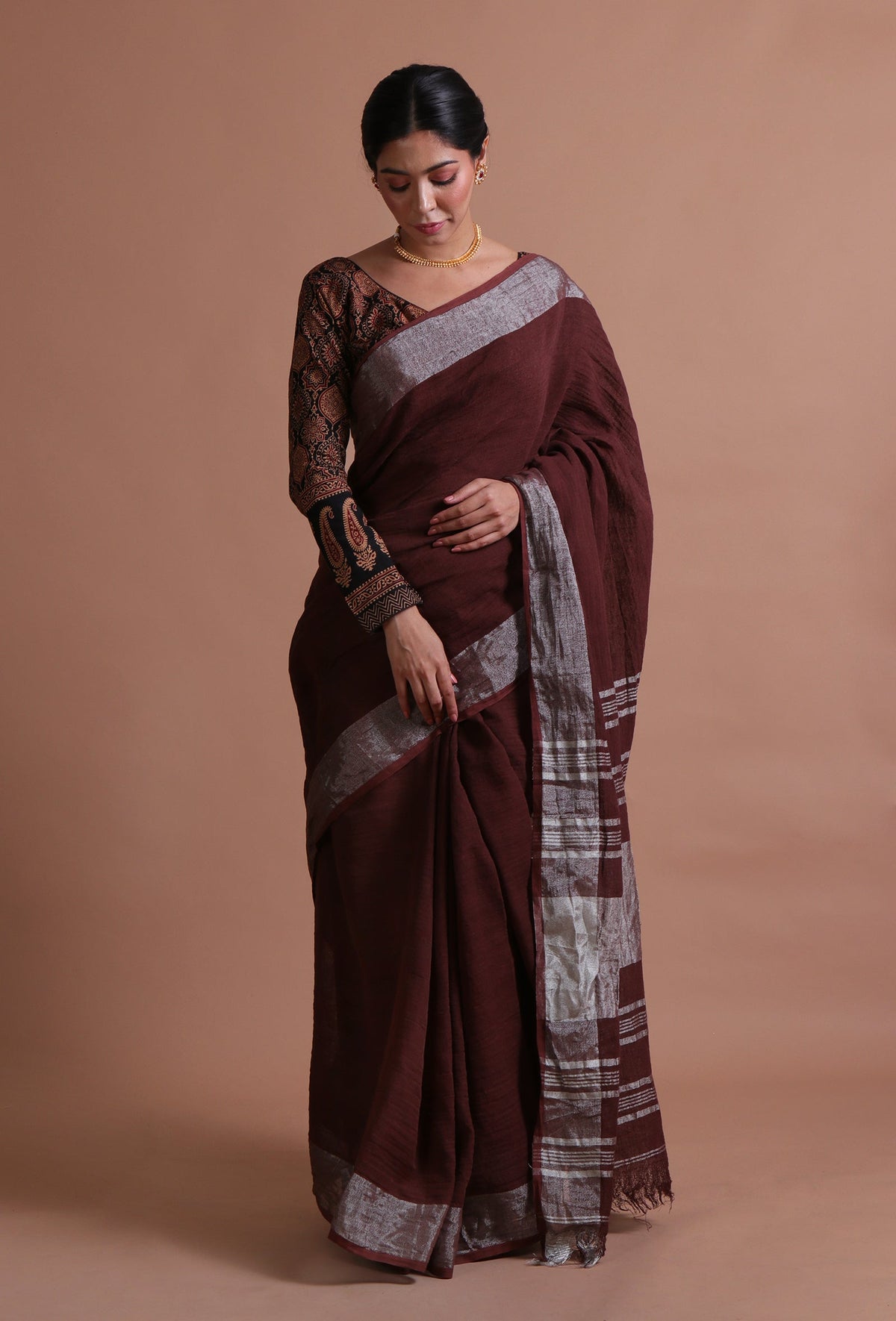 Deep Brown Cotton Linen Saree with Metallic Border & Unstitched Blouse