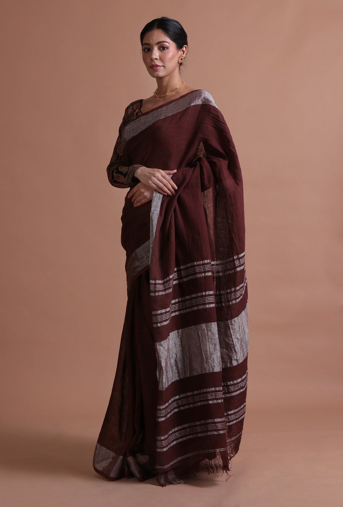 Deep Brown Cotton Linen Saree with Metallic Border & Unstitched Blouse