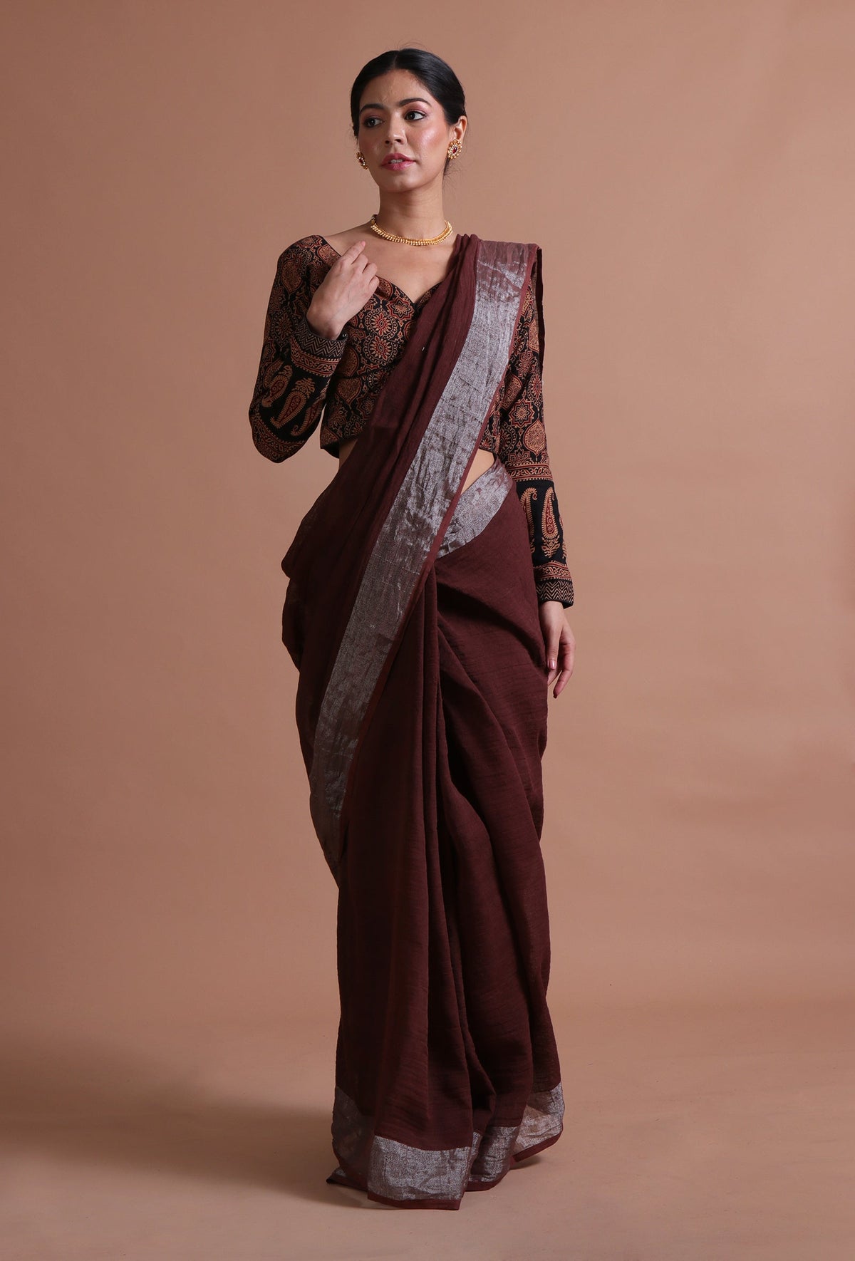 Deep Brown Cotton Linen Saree with Metallic Border & Unstitched Blouse