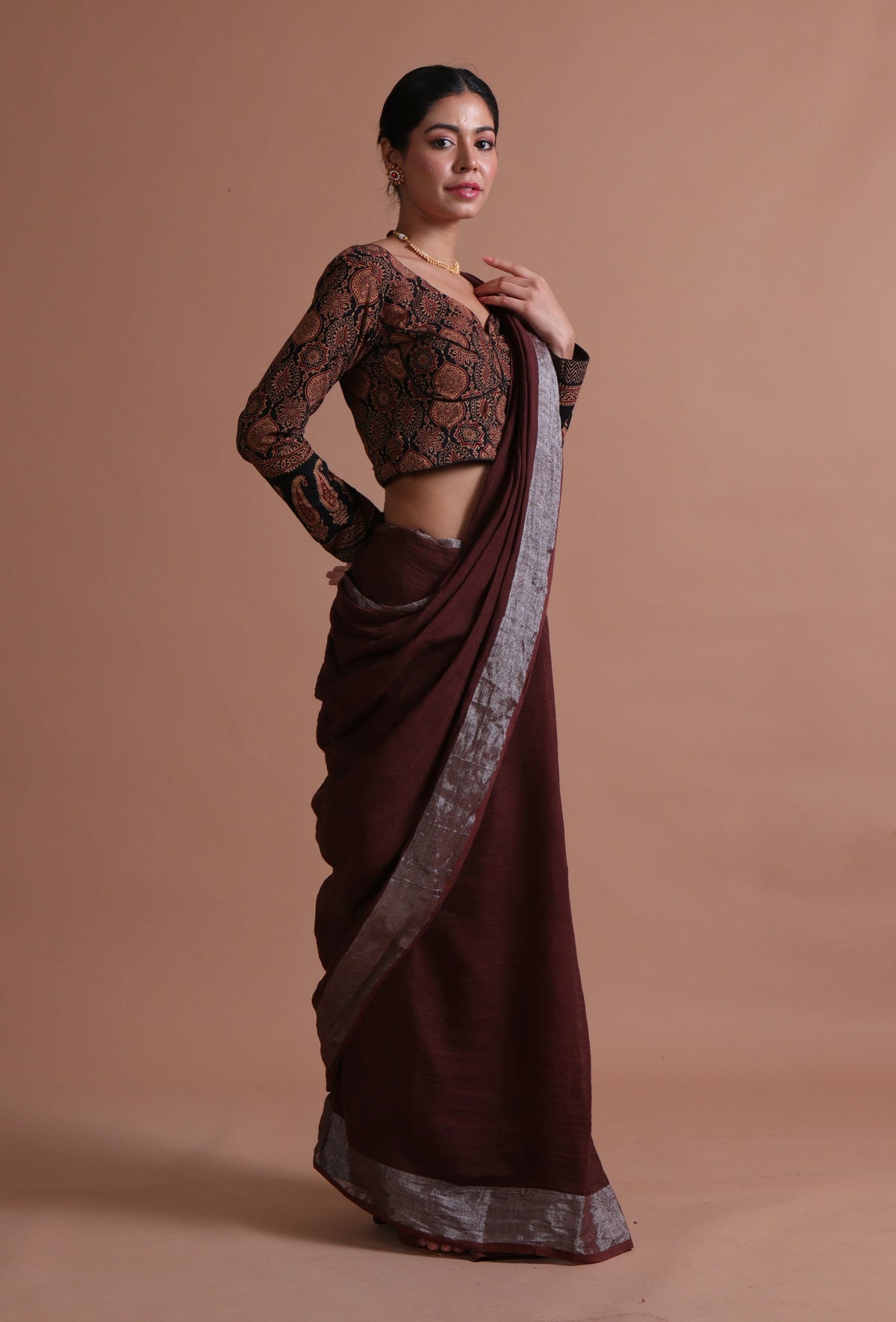 Deep Brown Cotton Linen Saree with Metallic Border & Unstitched Blouse