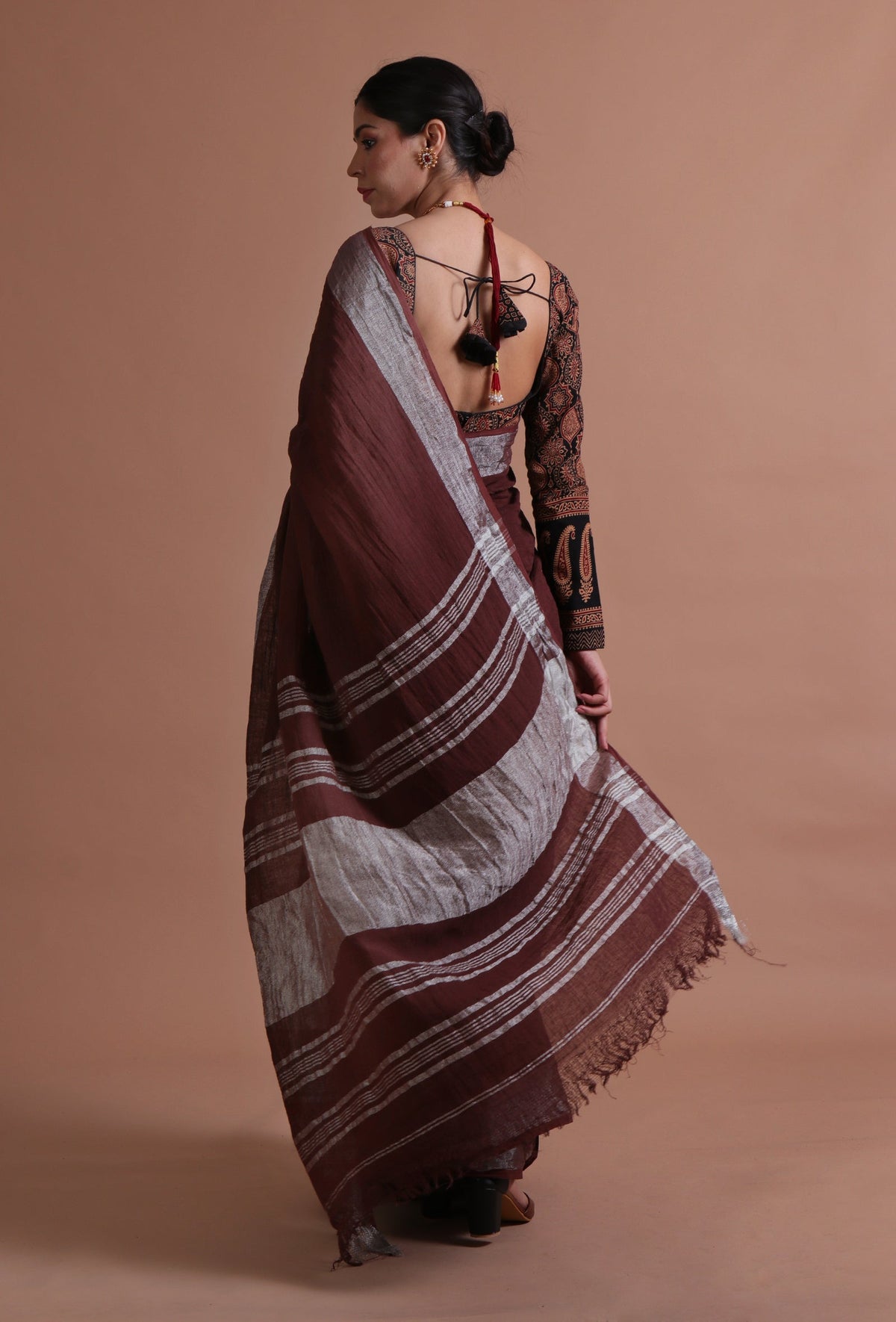 Deep Brown Cotton Linen Saree with Metallic Border & Unstitched Blouse