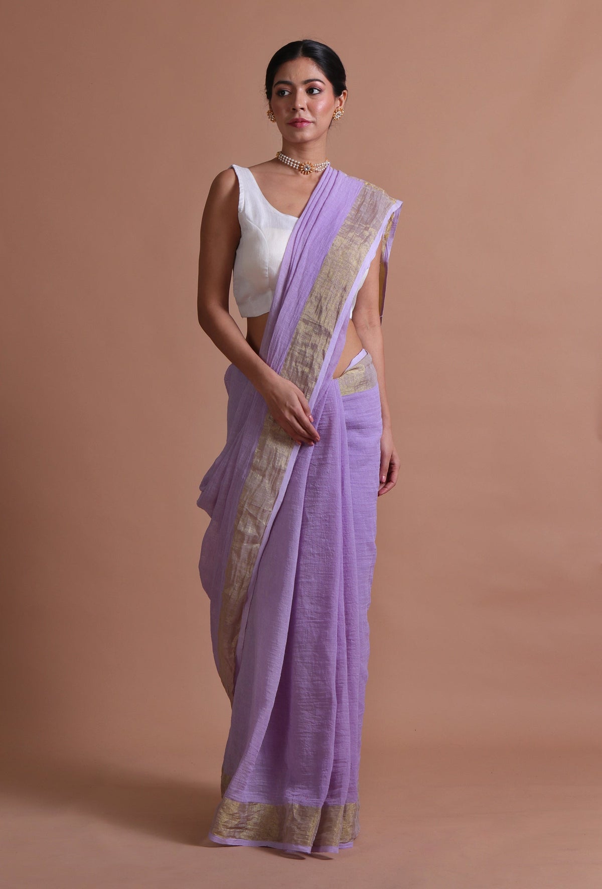 Light Purple Cotton Linen Saree With Unstitched Blouse
