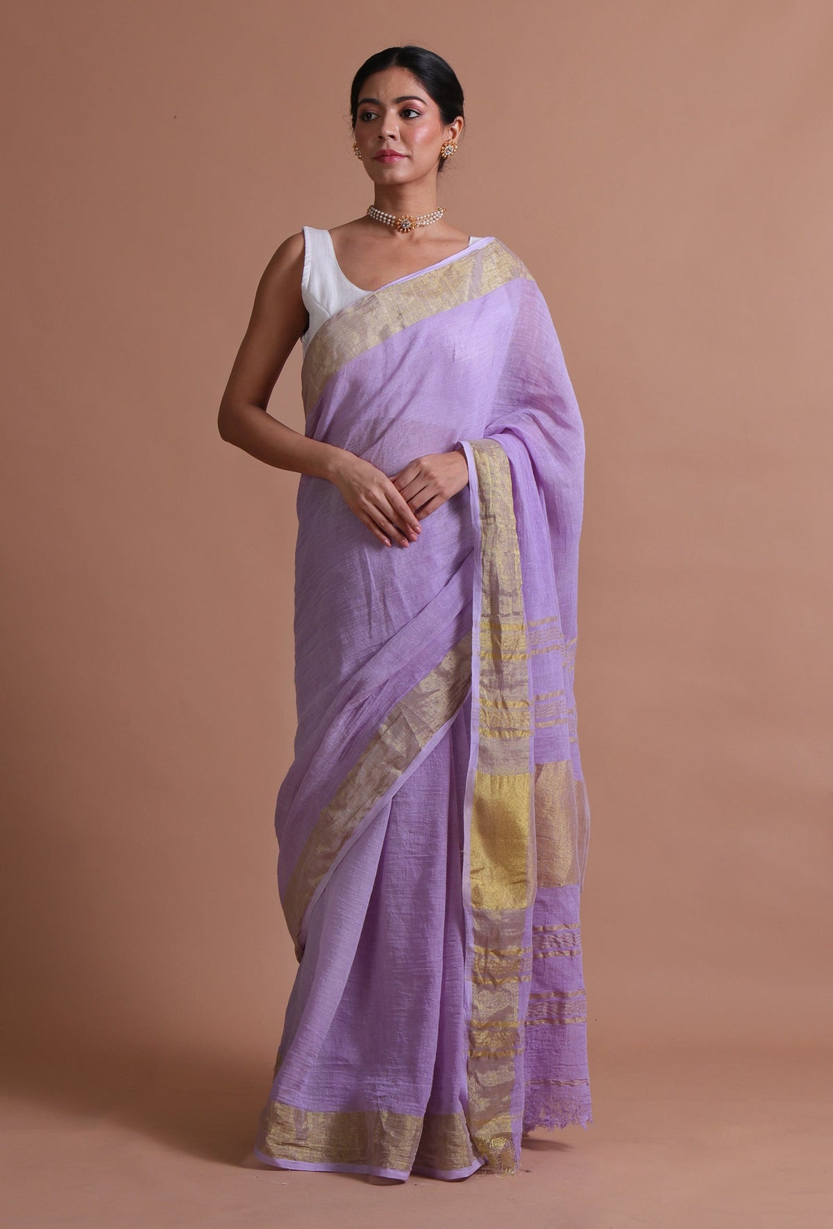 Light Purple Cotton Linen Saree With Unstitched Blouse