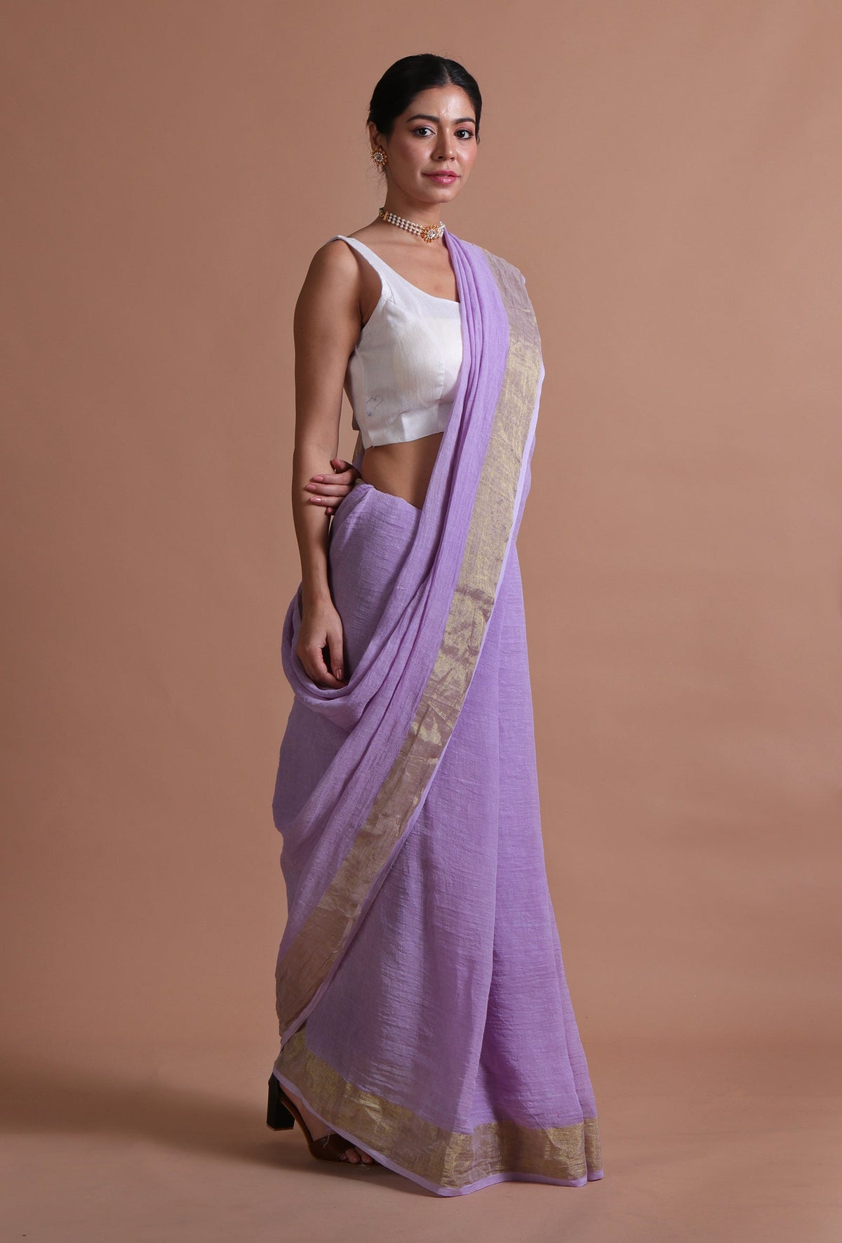Light Purple Cotton Linen Saree With Unstitched Blouse