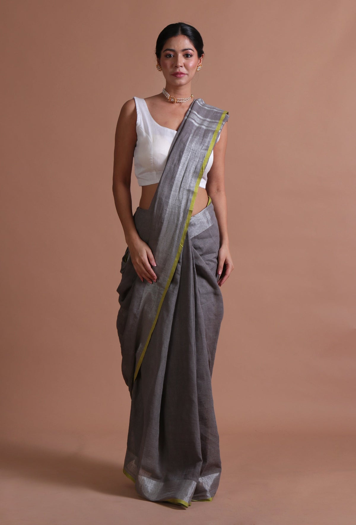 Grey Cotton Linen Saree with Unstitched Blouse