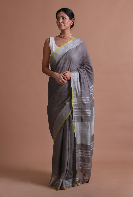 Grey Cotton Linen Saree with Unstitched Blouse