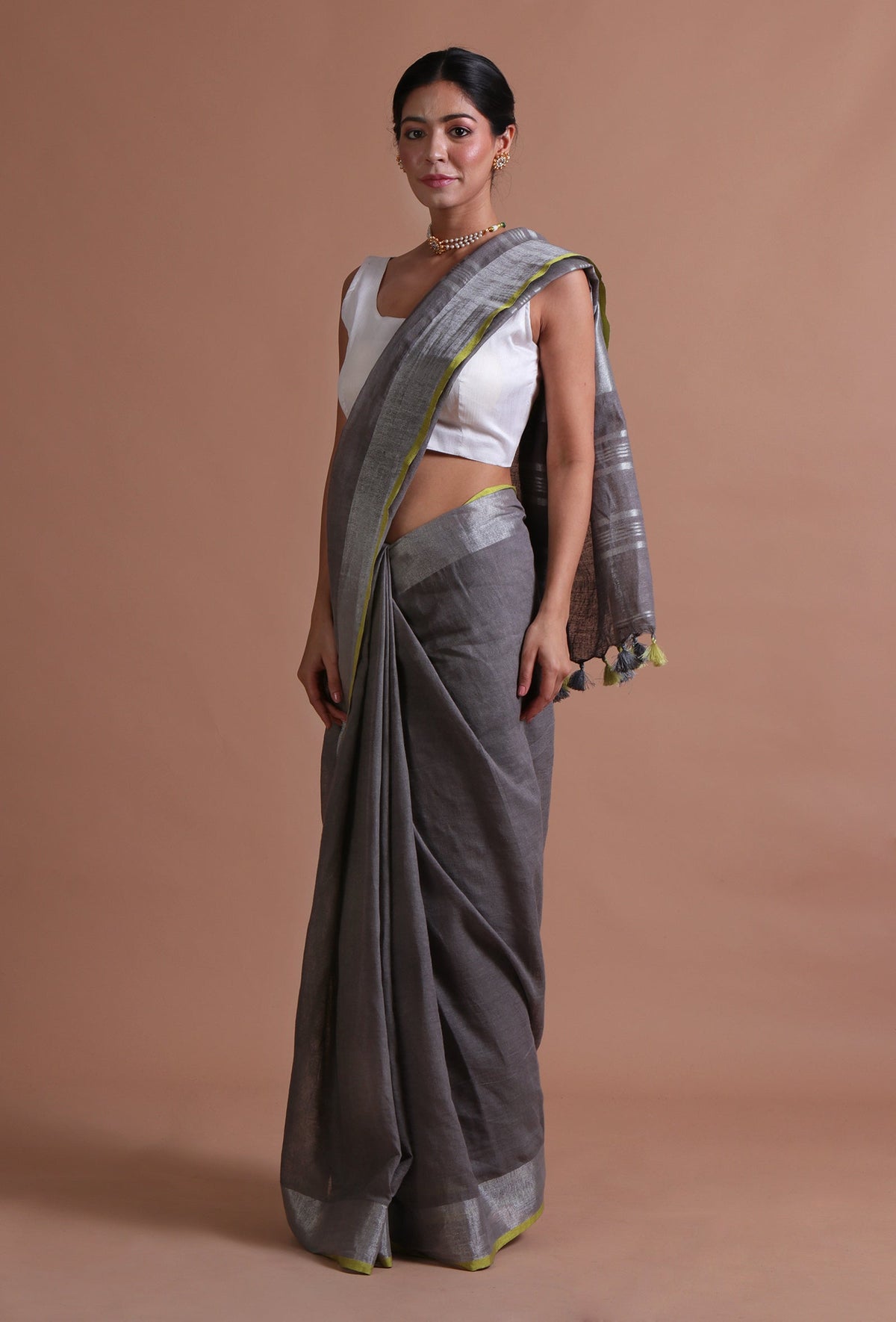 Grey Cotton Linen Saree with Unstitched Blouse