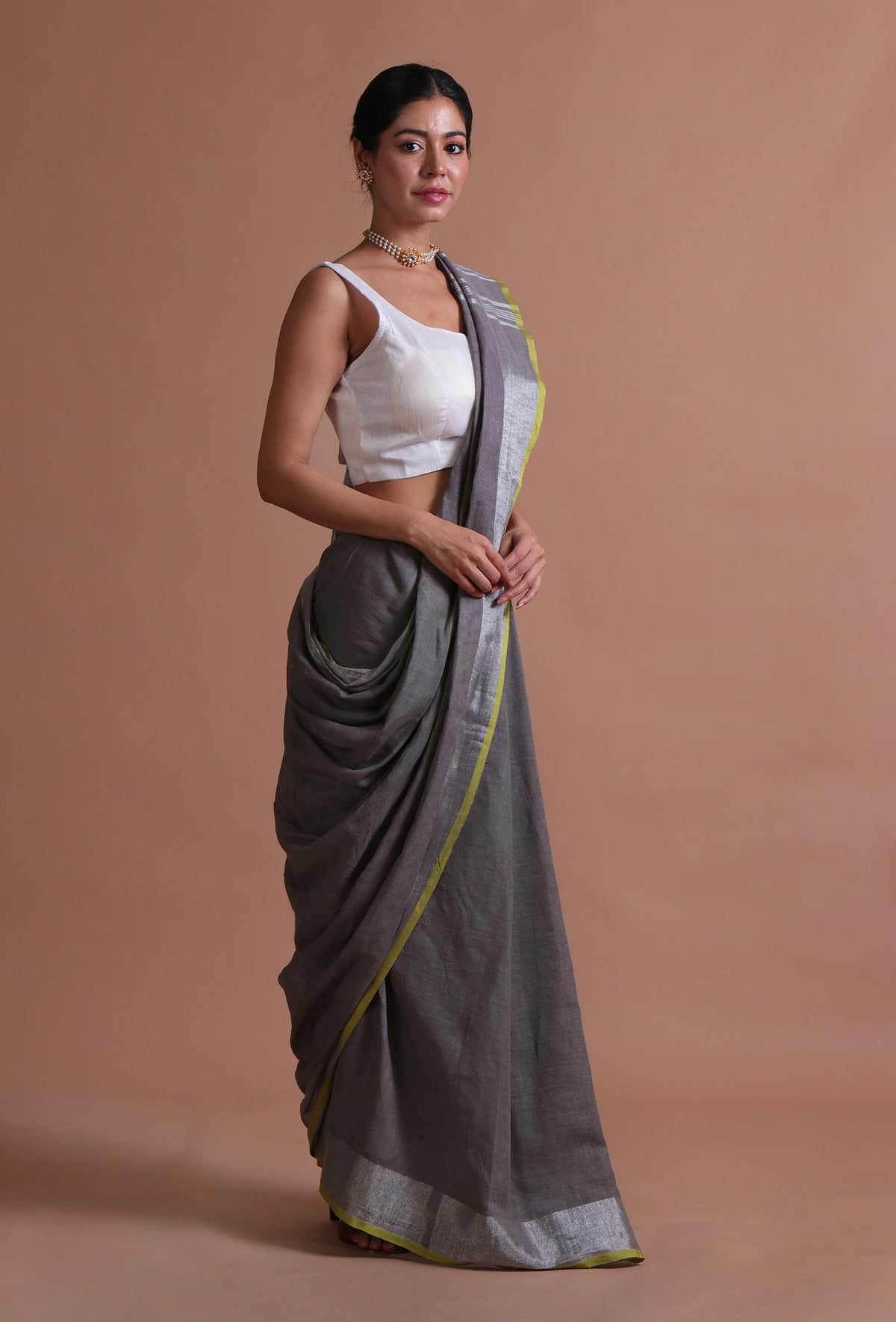 Grey Cotton Linen Saree with Unstitched Blouse