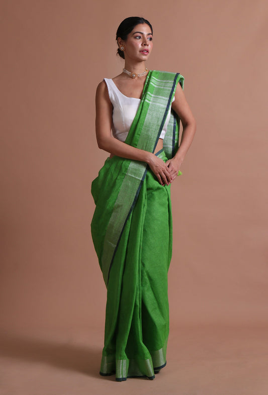 Green Cotton Linen Saree With Unstitched Blouse