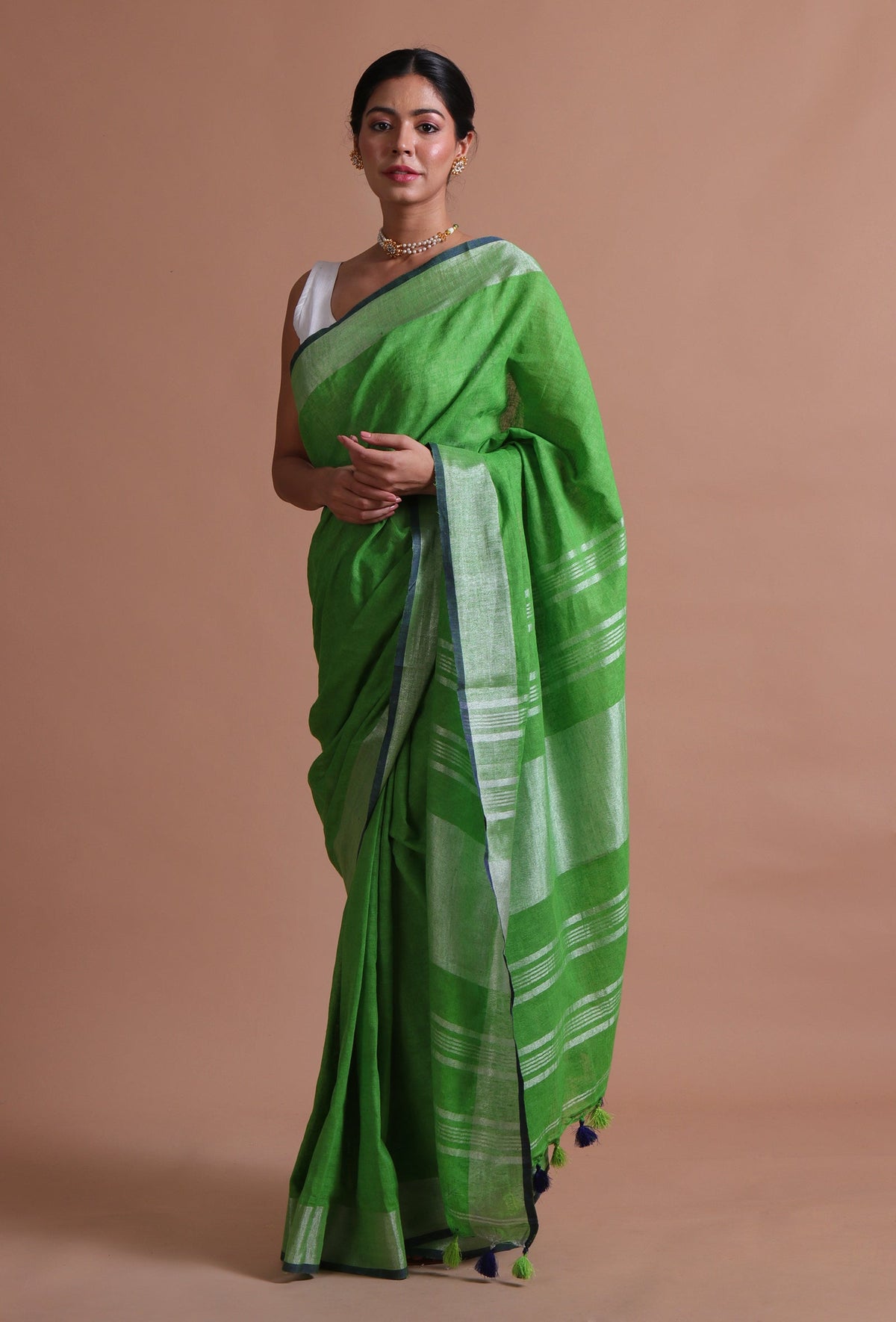 Green Cotton Linen Saree With Unstitched Blouse