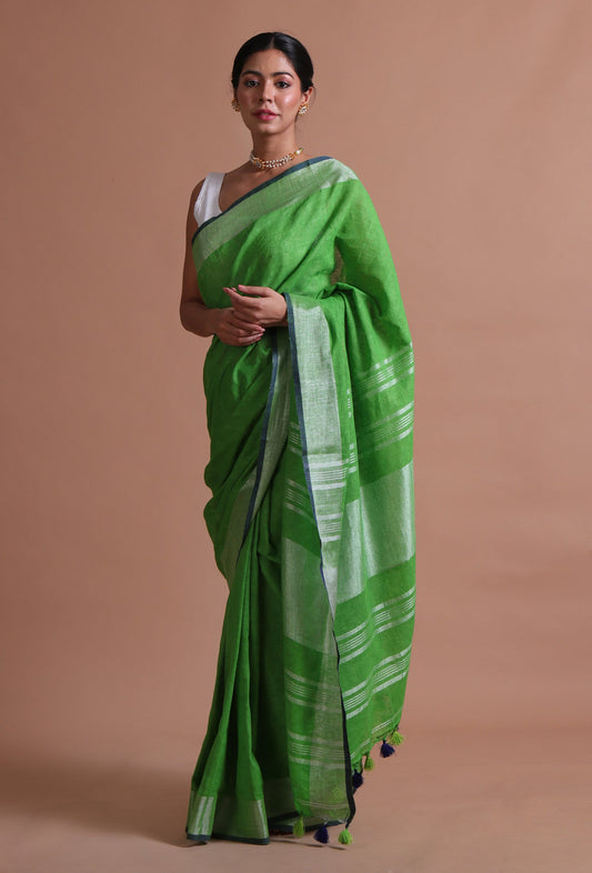Green Cotton Linen Saree With Unstitched Blouse