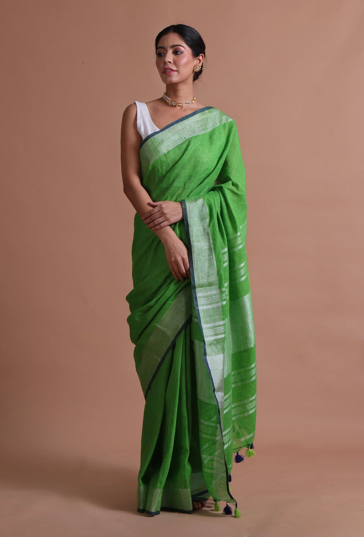 Green Cotton Linen Saree With Unstitched Blouse
