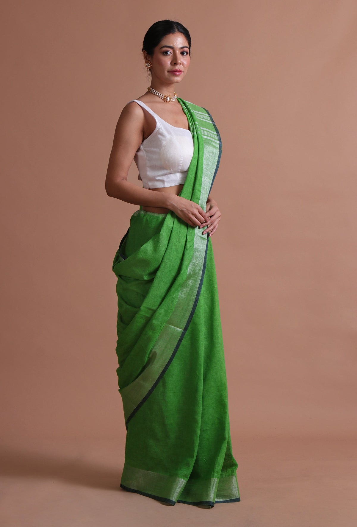 Green Cotton Linen Saree With Unstitched Blouse