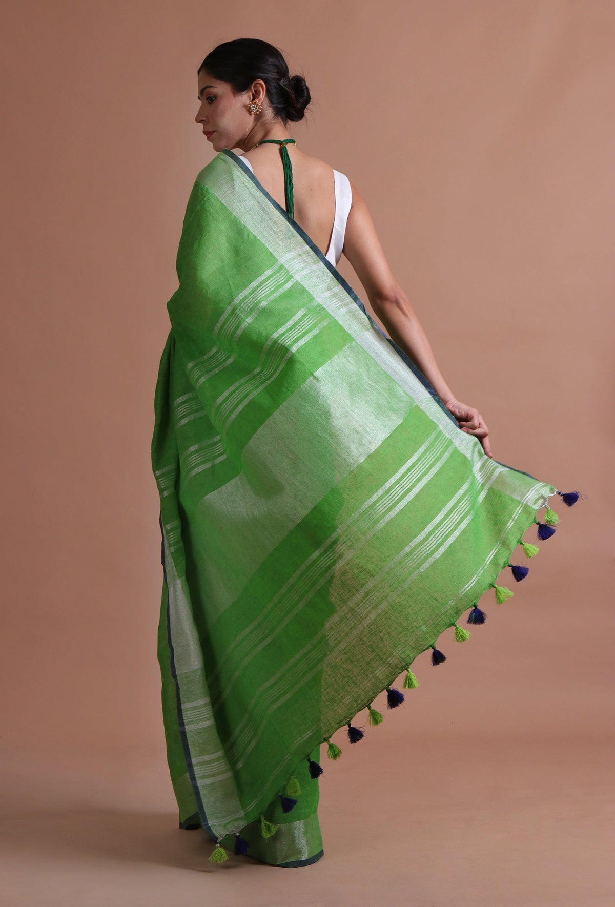 Green Cotton Linen Saree With Unstitched Blouse