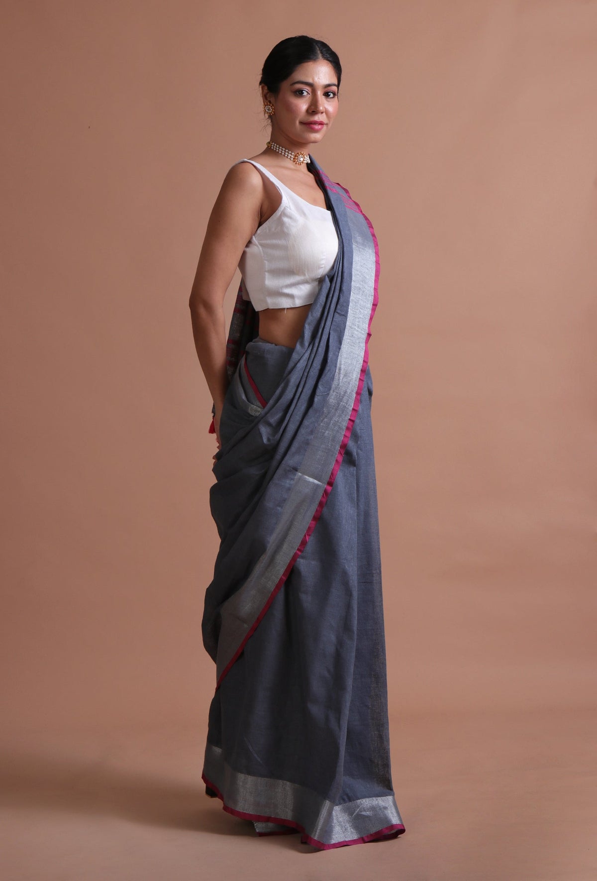 Charcoal Grey & Deep Pink Cotton Linen Saree With Unstitched Blouse