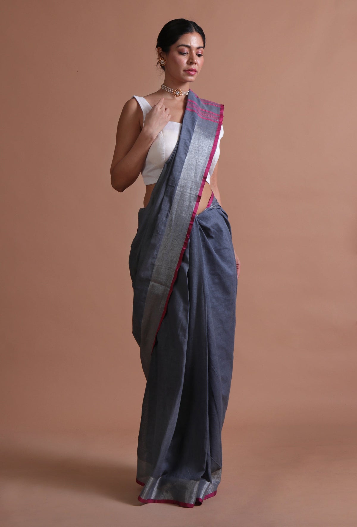 Charcoal Grey & Deep Pink Cotton Linen Saree With Unstitched Blouse