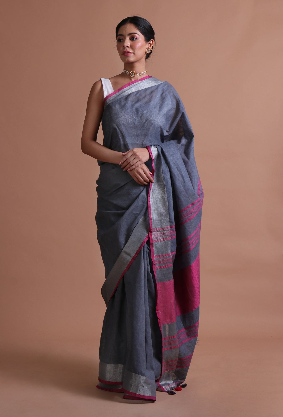 Charcoal Grey & Deep Pink Cotton Linen Saree With Unstitched Blouse