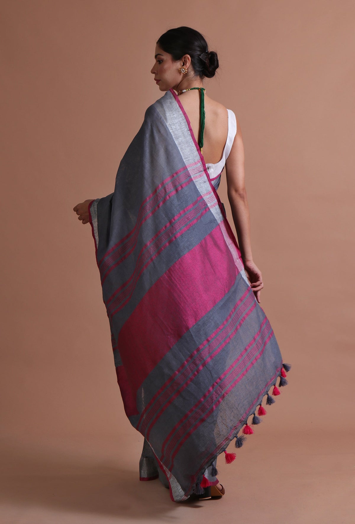 Charcoal Grey & Deep Pink Cotton Linen Saree With Unstitched Blouse