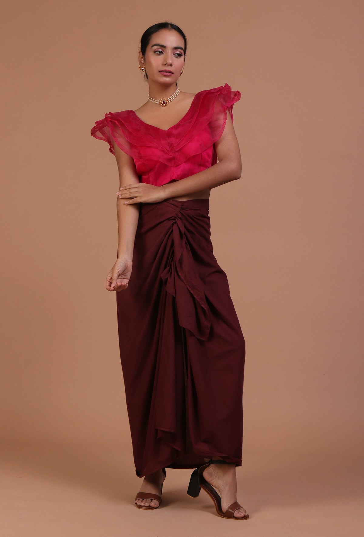 Dark Pink Color Organza Plain Blouse サイズ S