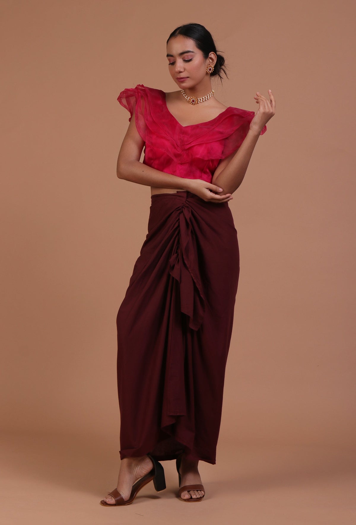 Dark Pink Color Organza Plain Blouse サイズ S