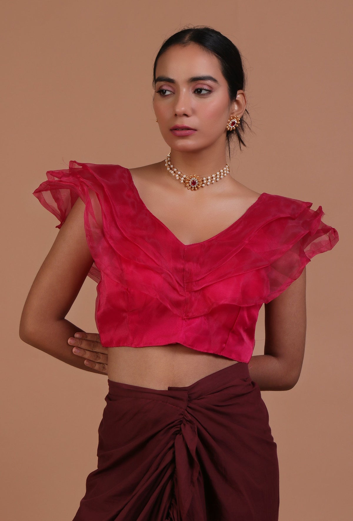 Dark Pink Color Organza Plain Blouse サイズ S