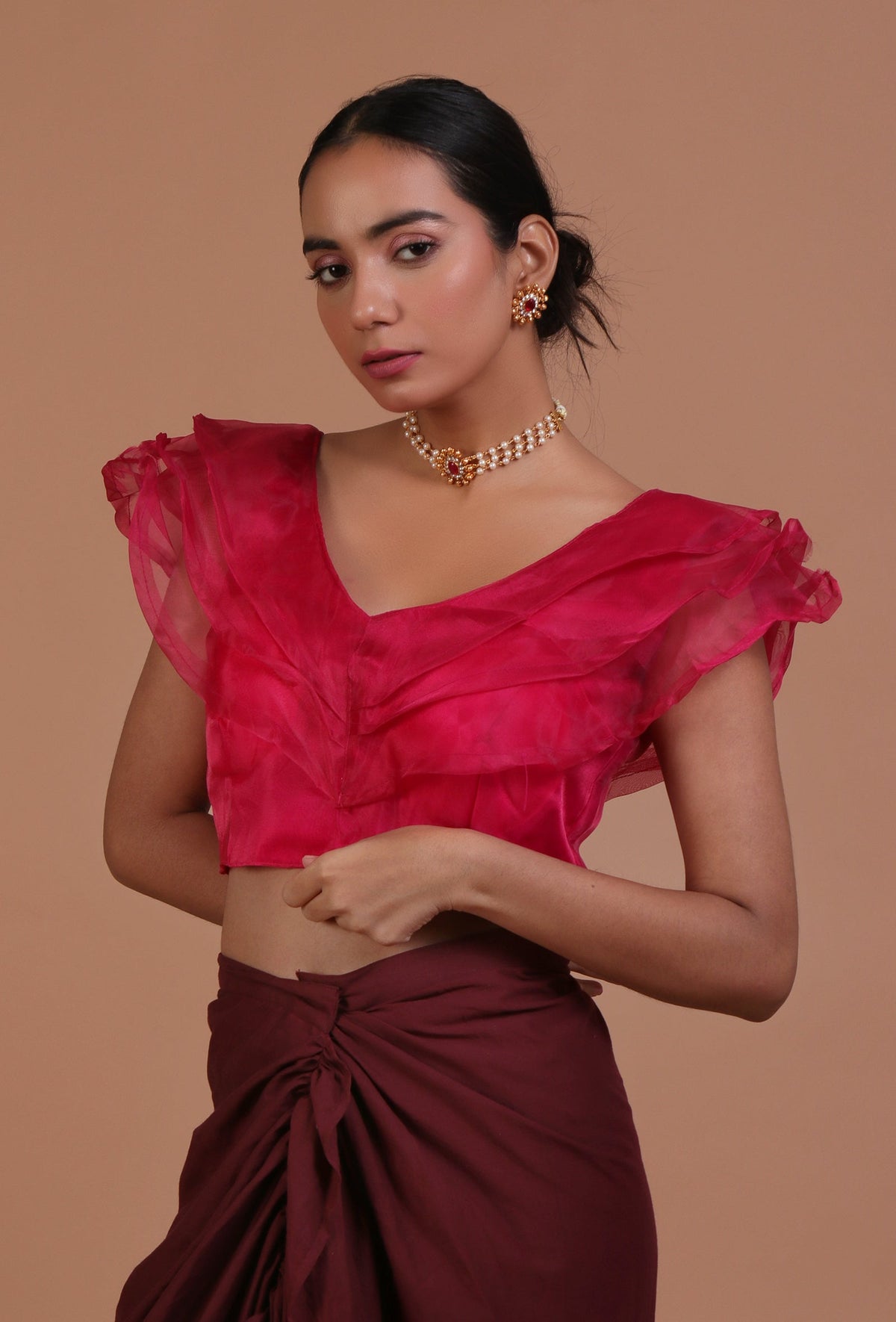Dark Pink Color Organza Plain Blouse サイズ S