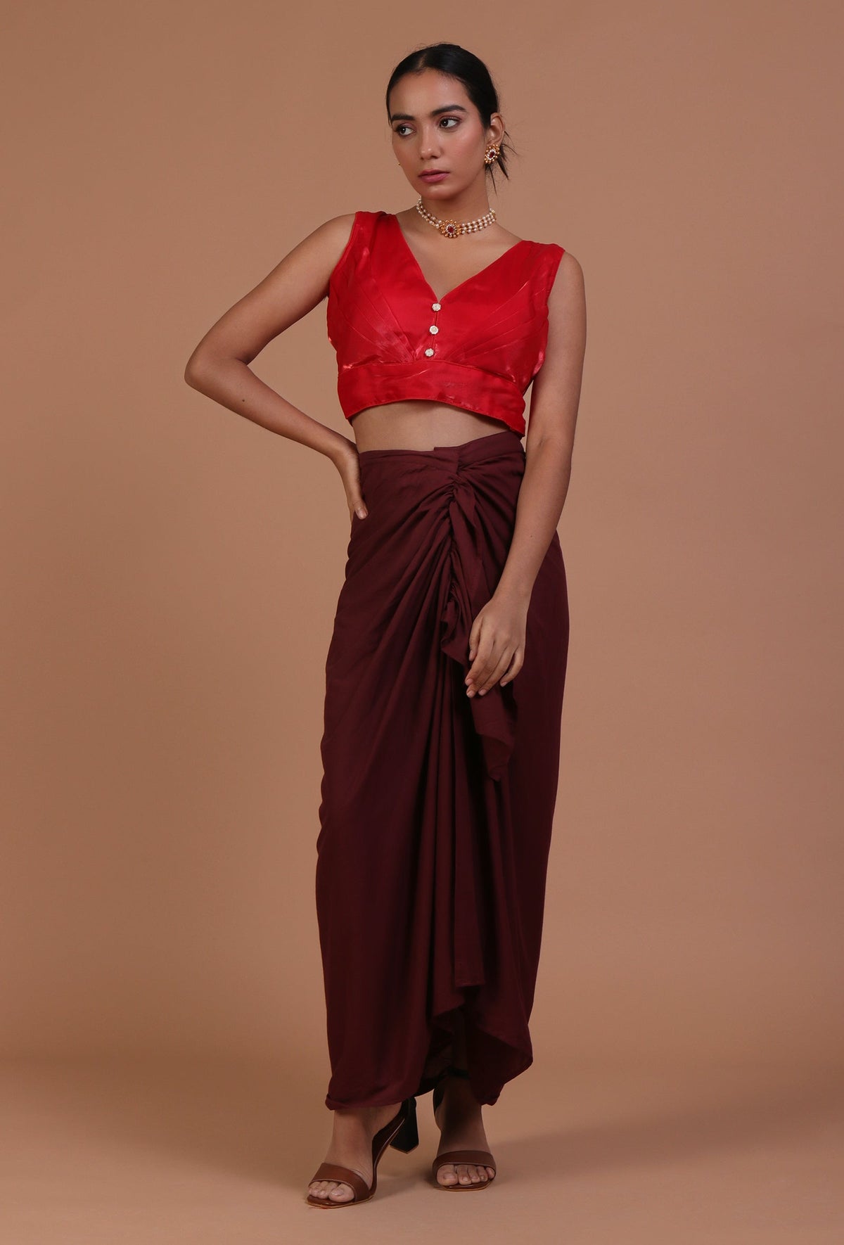 Red Color Raw Silk Plain Blouse サイズ S