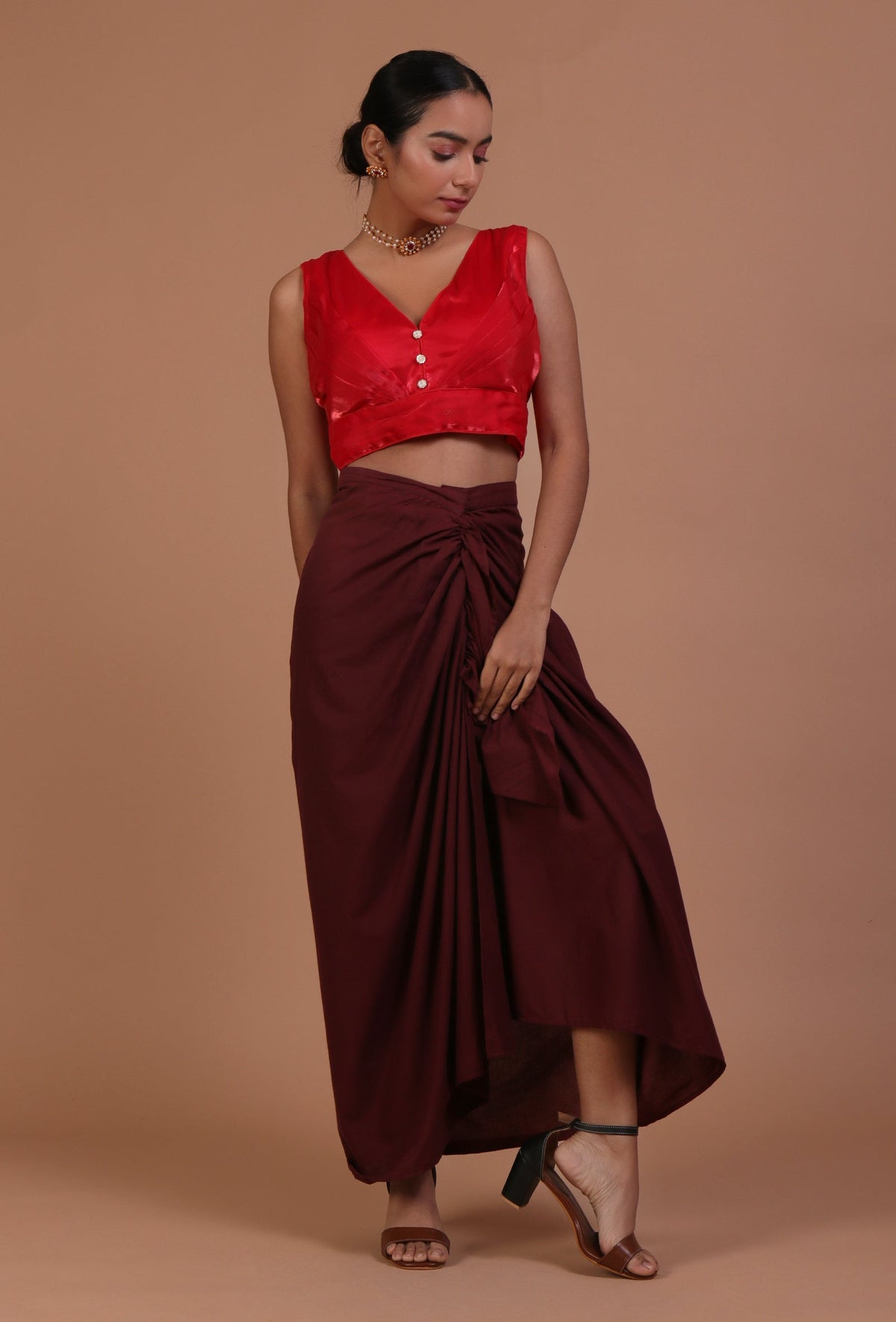 Red Color Raw Silk Plain Blouse サイズ S
