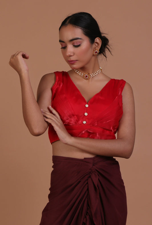 Red Color Raw Silk Plain Blouse サイズ S