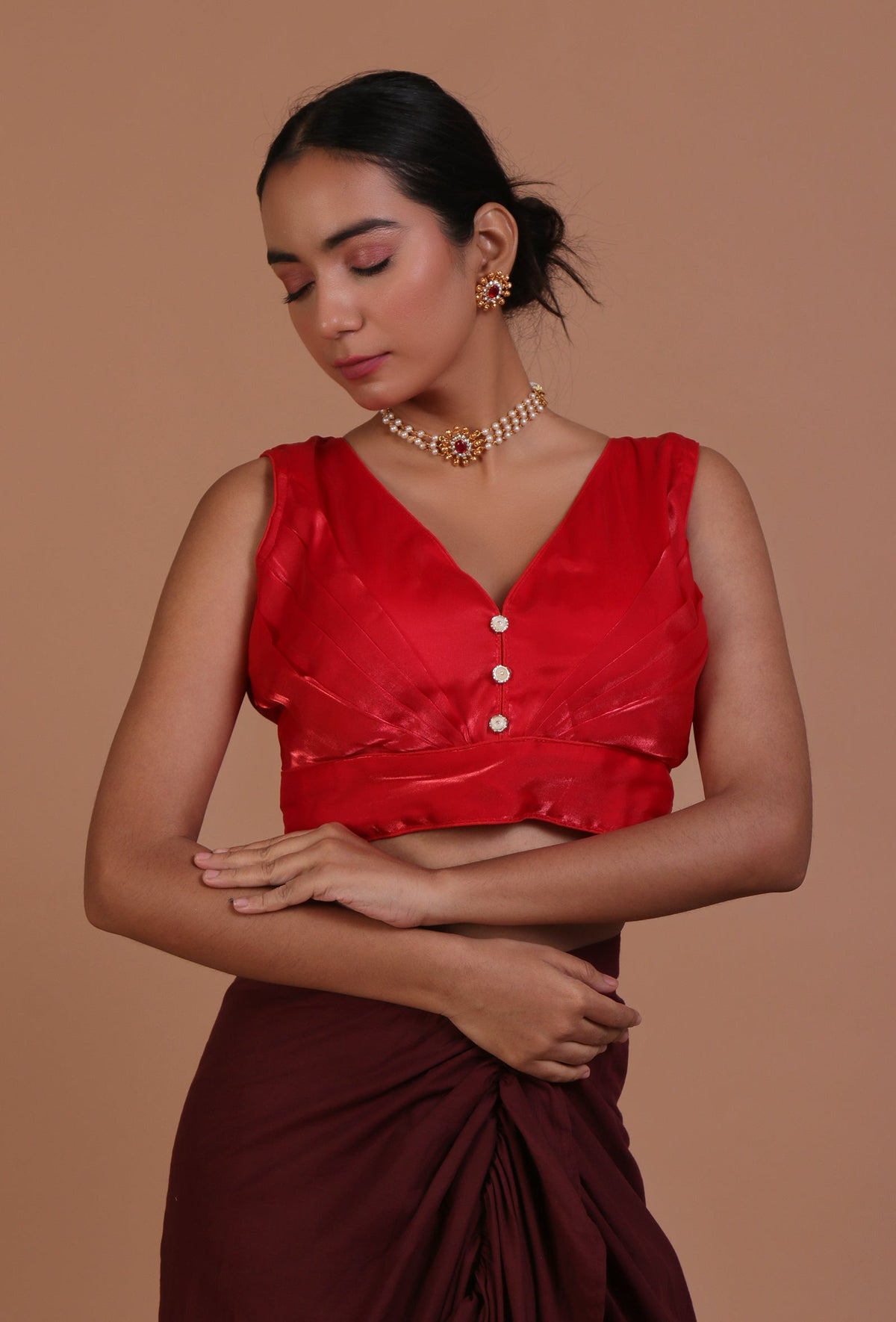 Red Color Raw Silk Plain Blouse サイズ S