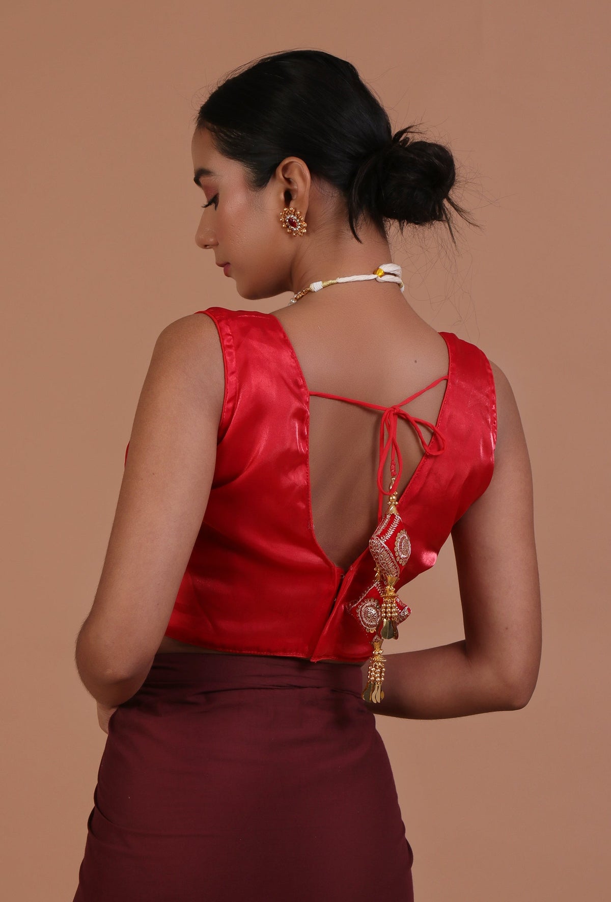 Red Color Raw Silk Plain Blouse サイズ S