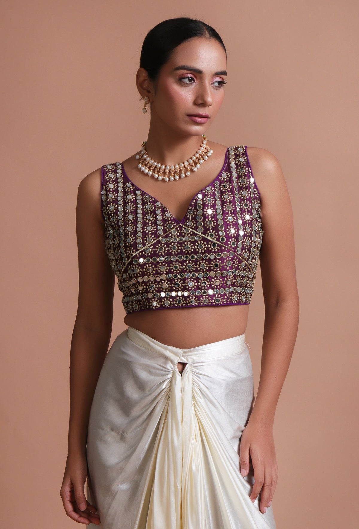 Light Purple Color Raw Silk Mirror Work Blouse サイズ S