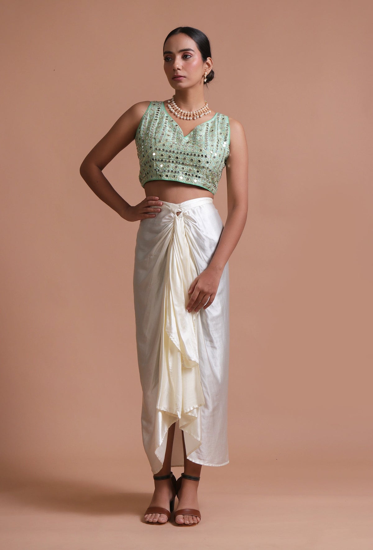 Mint Green Color Raw Silk Mirror Work Blouse サイズ S