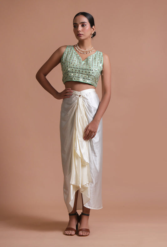 Mint Green Color Raw Silk Mirror Work Blouse サイズ S