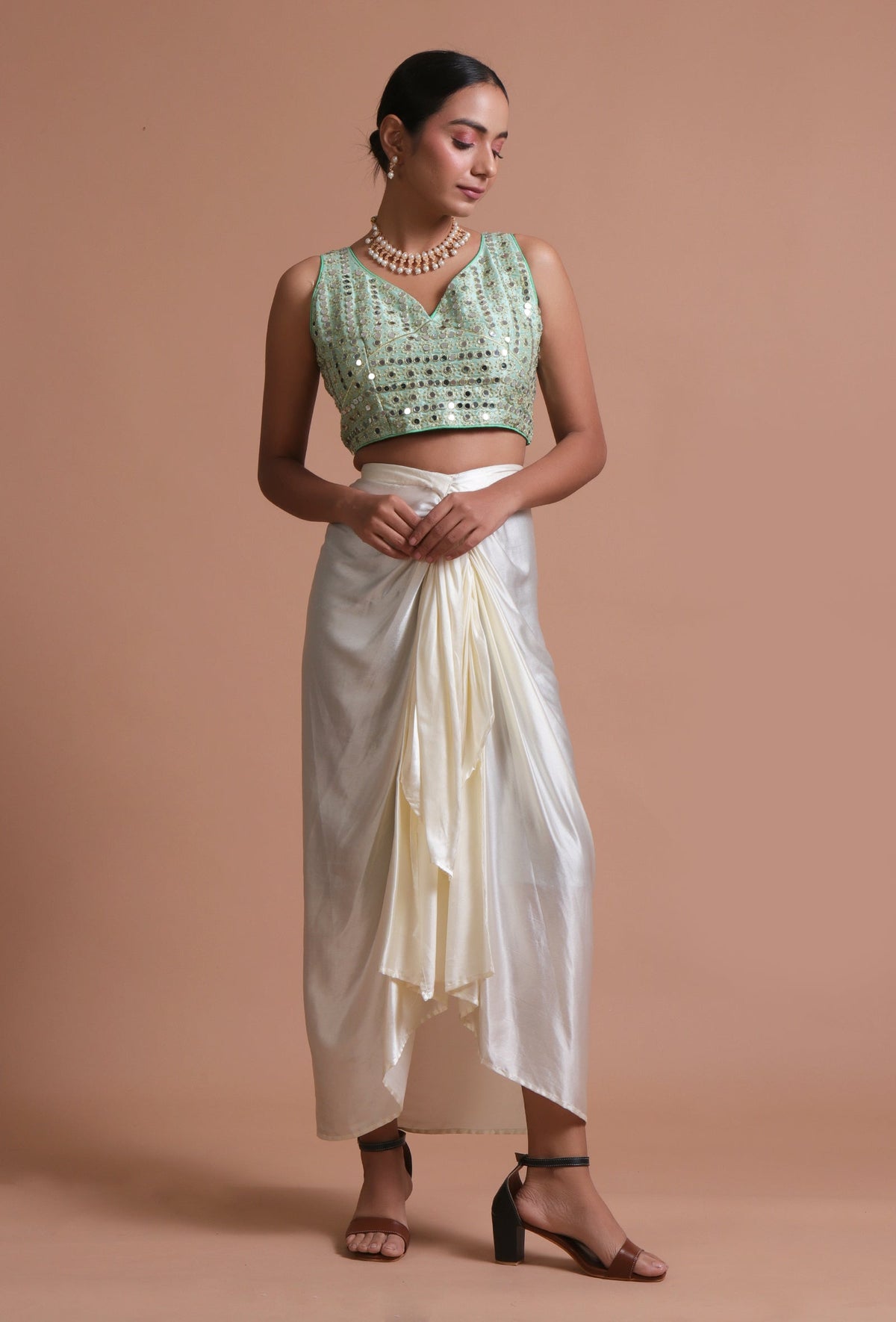 Mint Green Color Raw Silk Mirror Work Blouse サイズ S