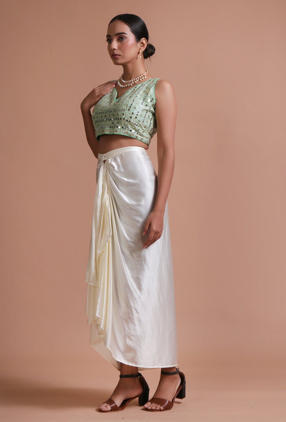 Mint Green Color Raw Silk Mirror Work Blouse サイズ S