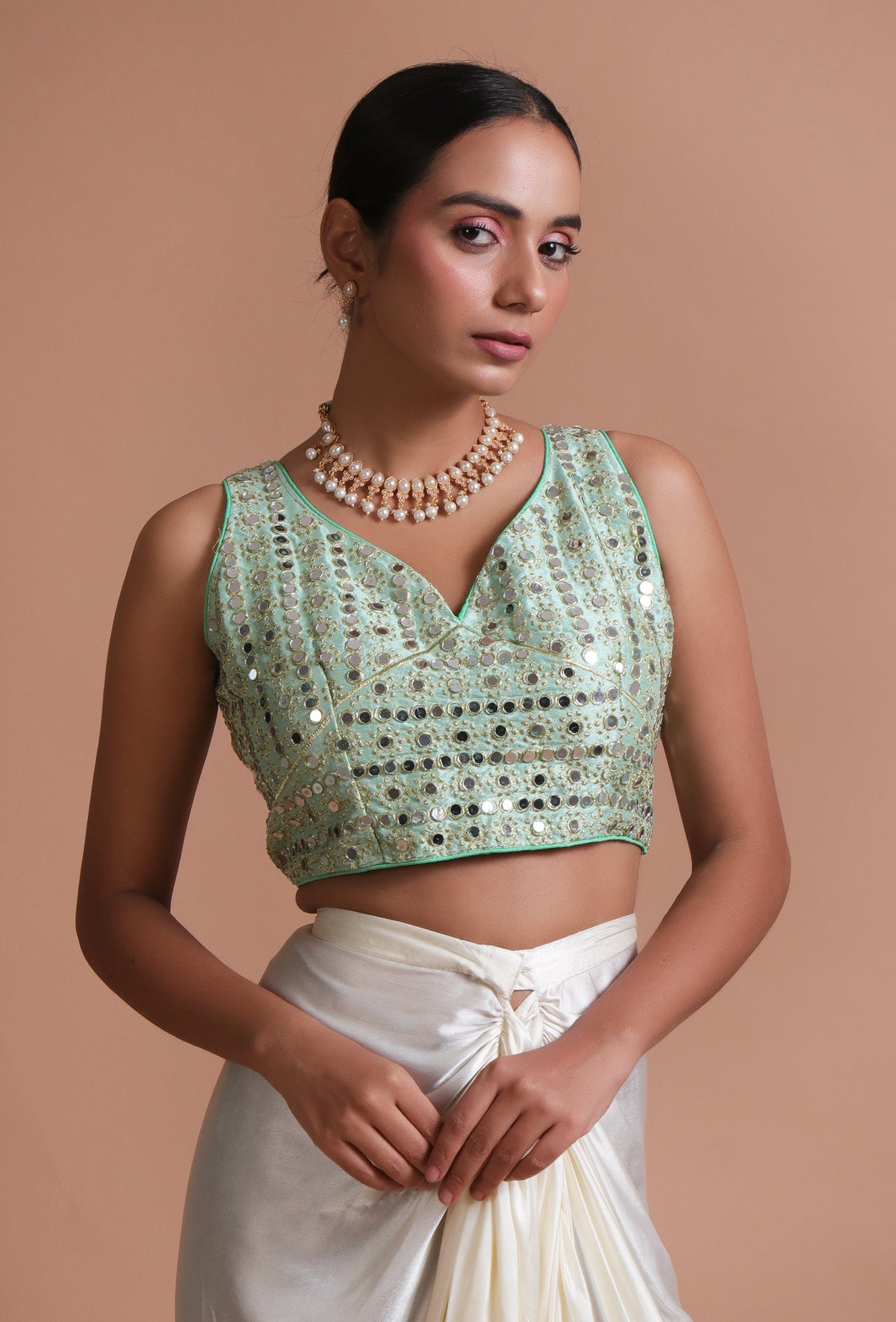 Mint Green Color Raw Silk Mirror Work Blouse サイズ S