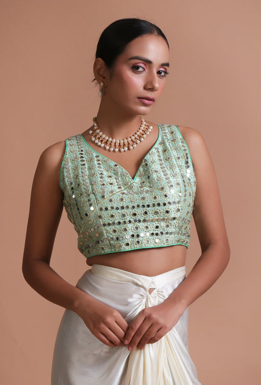 Mint Green Color Raw Silk Mirror Work Blouse サイズ S