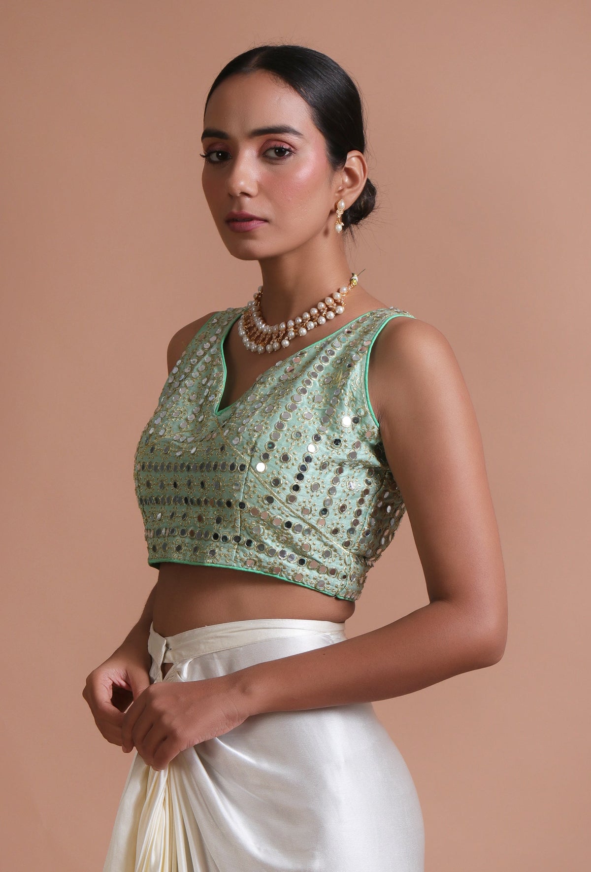 Mint Green Color Raw Silk Mirror Work Blouse サイズ S