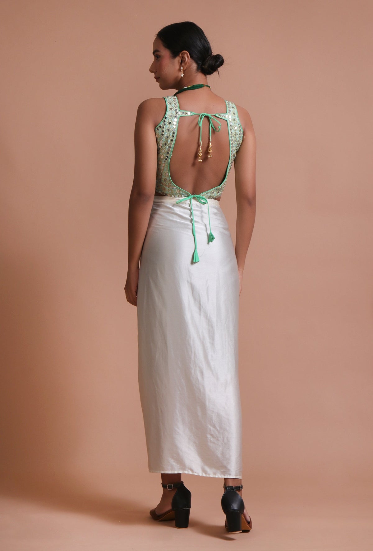 Mint Green Color Raw Silk Mirror Work Blouse サイズ S
