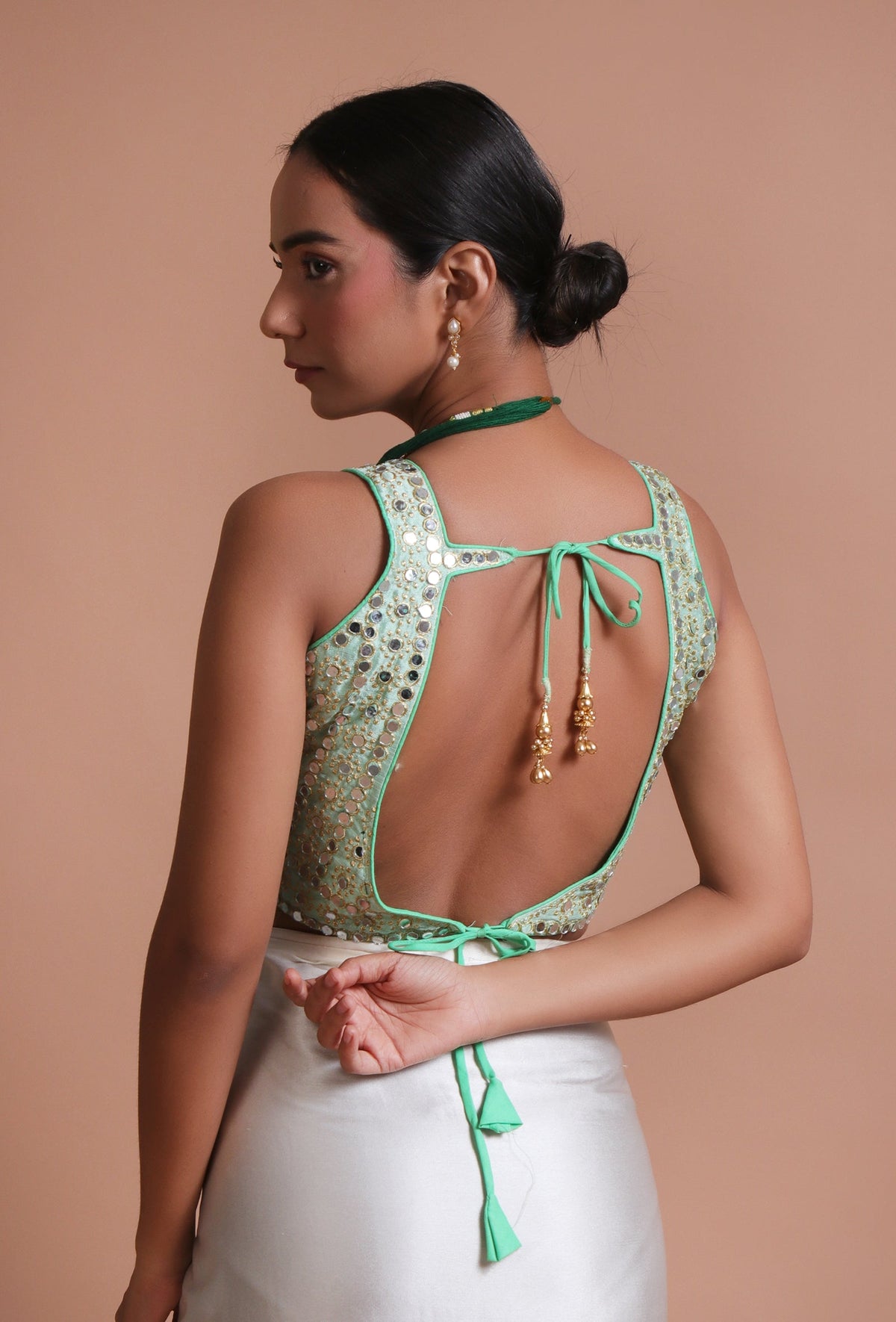 Mint Green Color Raw Silk Mirror Work Blouse サイズ S