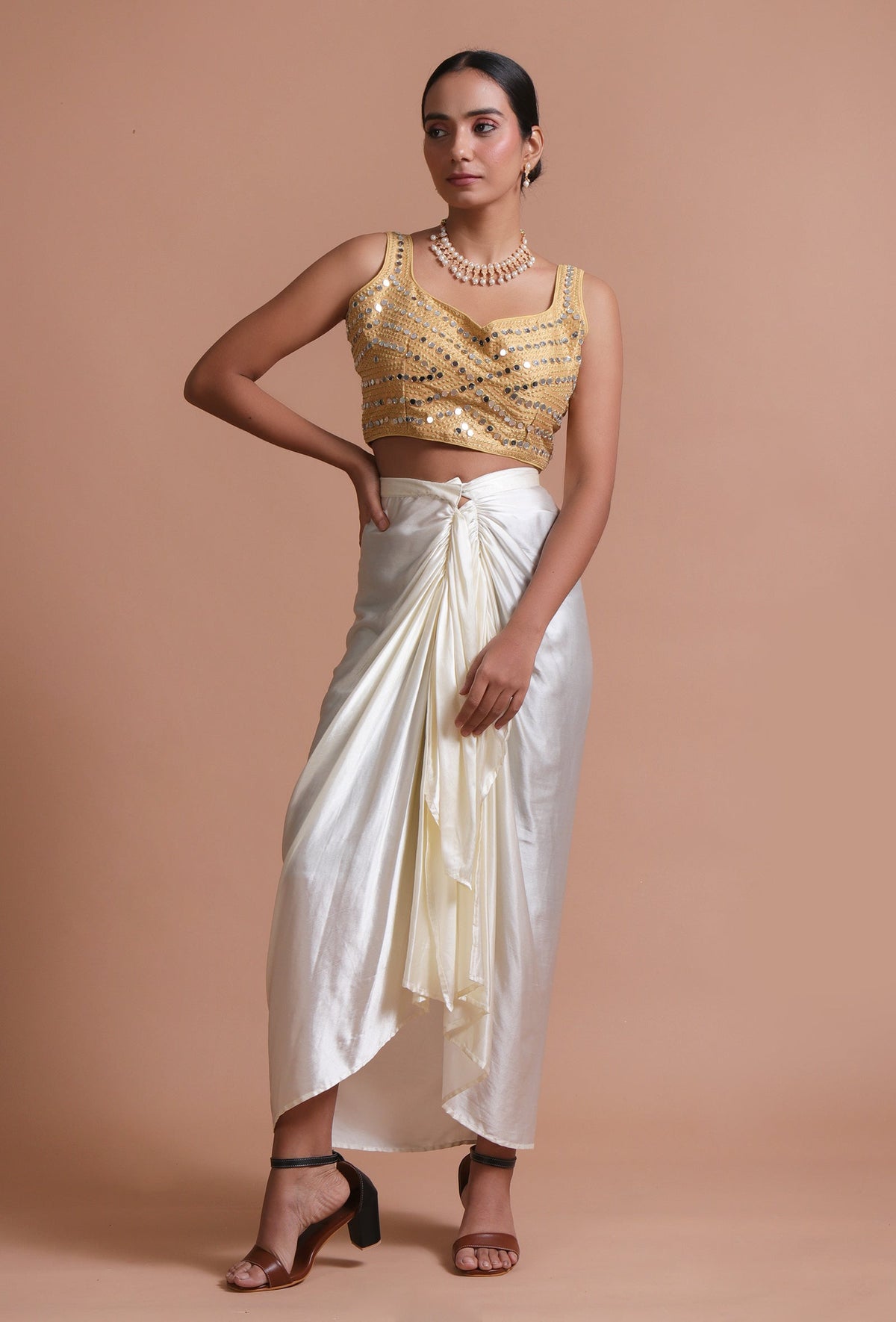 Golden Color Raw Silk Mirror Work Blouse サイズ S