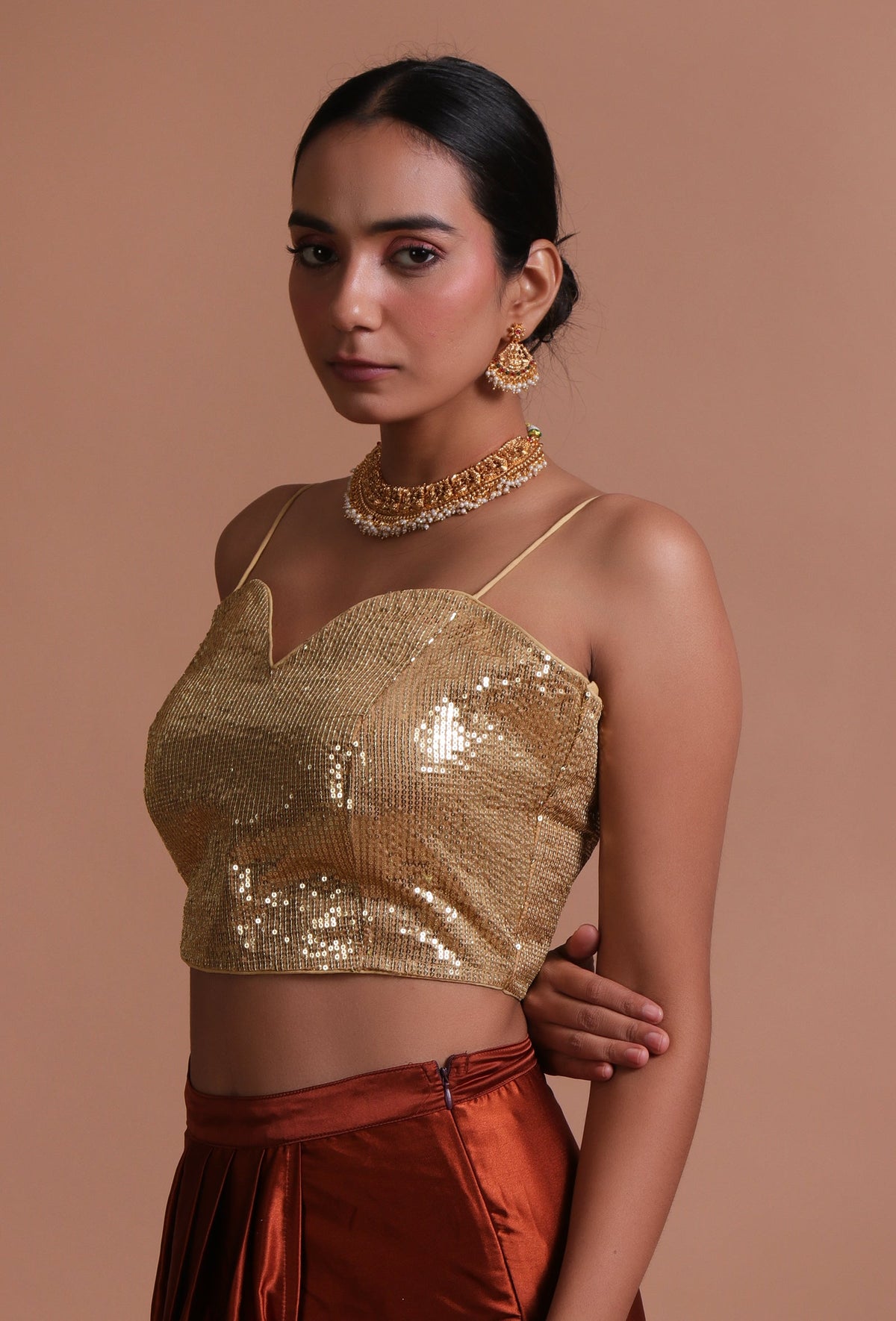 Golden Color Raw Silk Sitara Work Blouse サイズ S