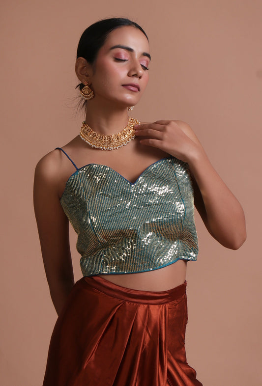 Green Color Raw Silk Sitara Work Blouse サイズ S