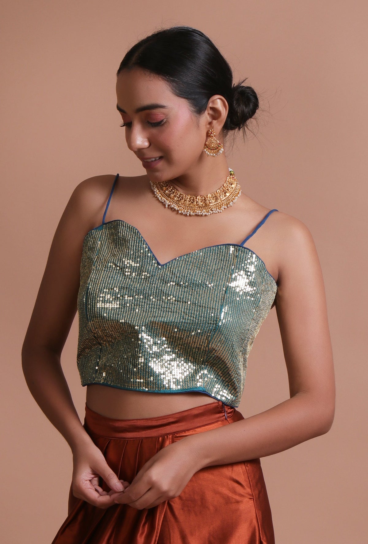 Green Color Raw Silk Sitara Work Blouse サイズ S