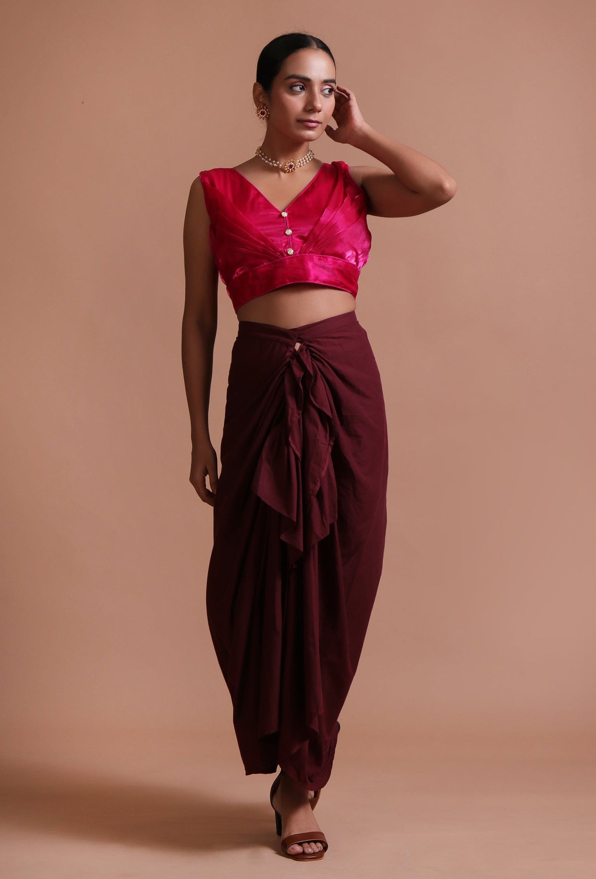 Dark Pink Color Organza Plain Blouse サイズ S