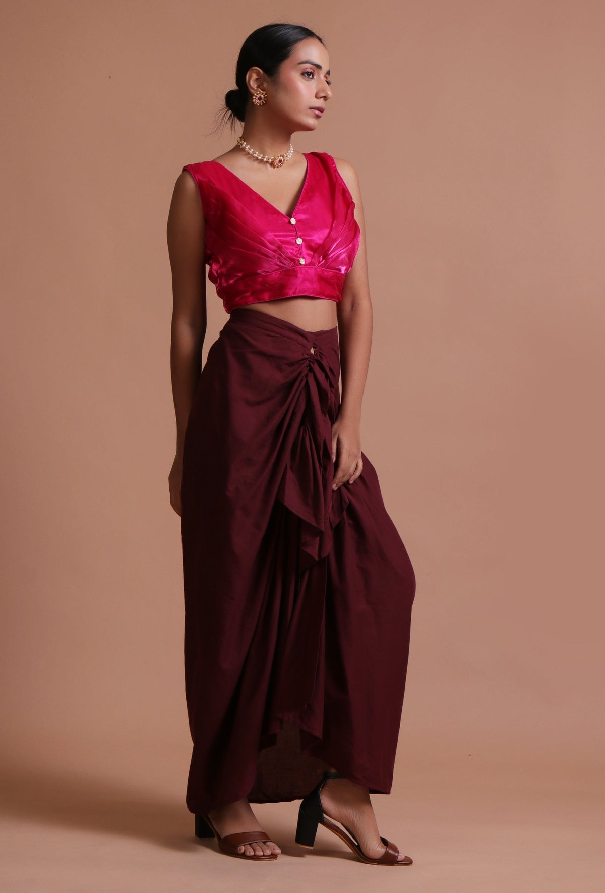 Dark Pink Color Organza Plain Blouse サイズ S