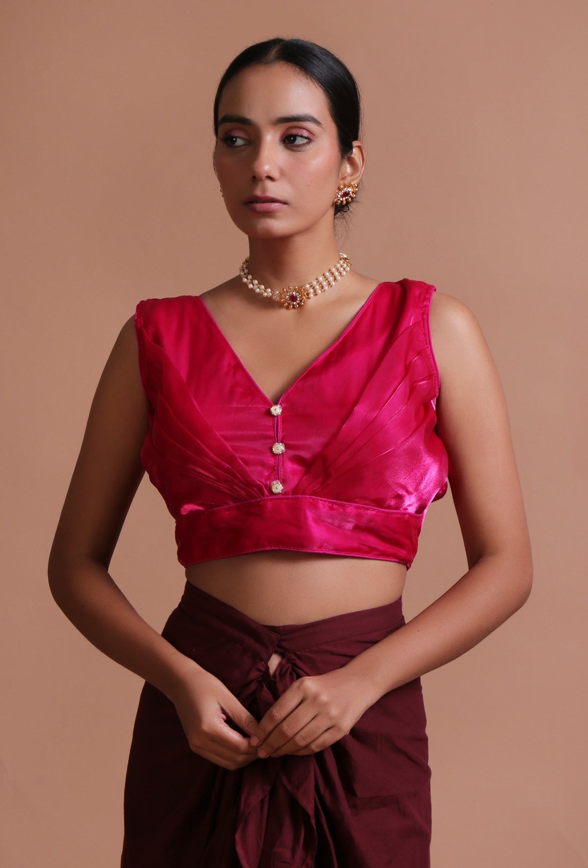 Dark Pink Color Organza Plain Blouse サイズ S